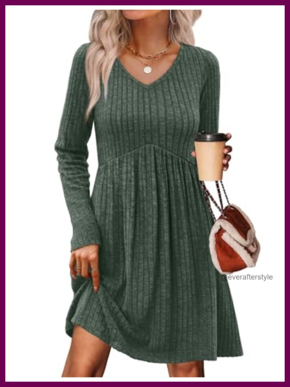 Long Sleeve Sweater Dress V Neck Empire Waist Babydoll Casual Dress with Pockets